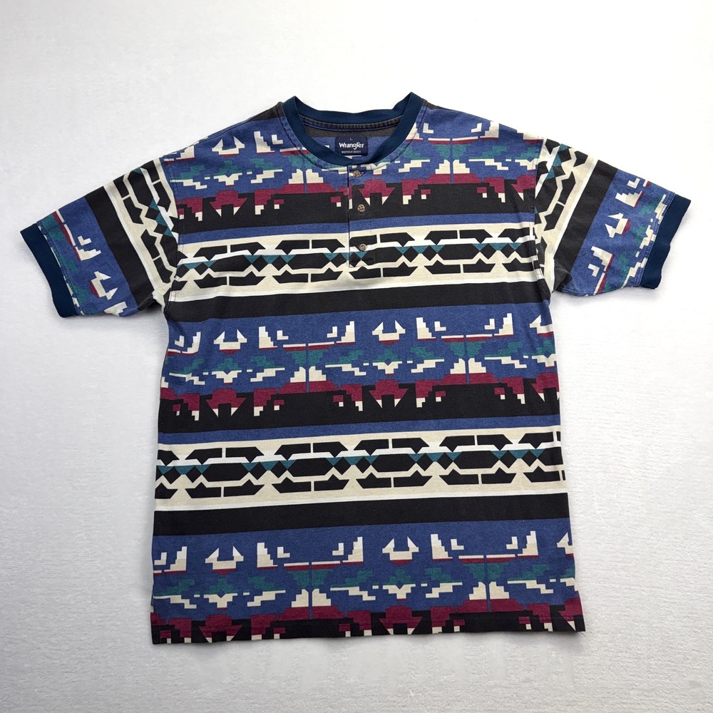 Vintage Wrangler Western Shirts Mens Large Blue Aztec Henley Short Sleeve Tee